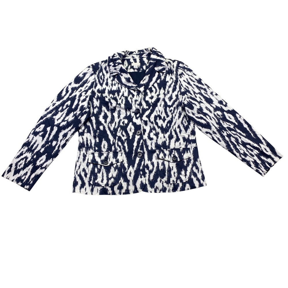 Chico's‎ Eileen Navy White Ikat Print Blazer Jacket Sz 2 Cotton Blend 3-Button